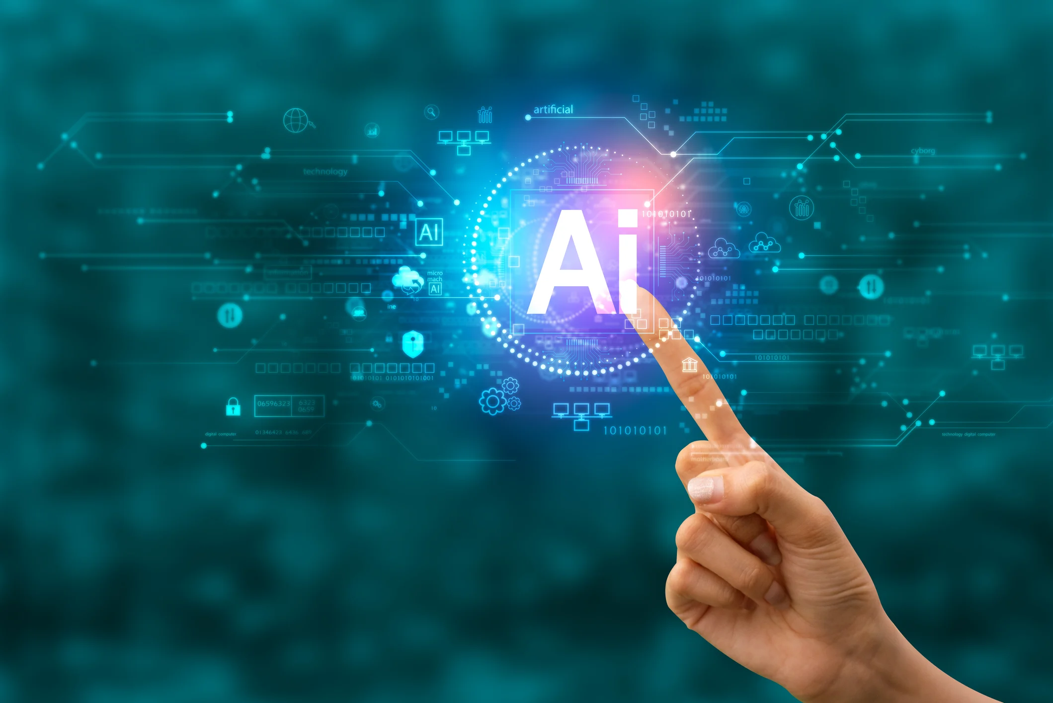 Hand touching a glowing AI symbol surrounded by digital circuit patterns, cloud computing icons, and binary code on a teal technology background, representing artificial intelligence and machine learning opportunities in federal government contracting