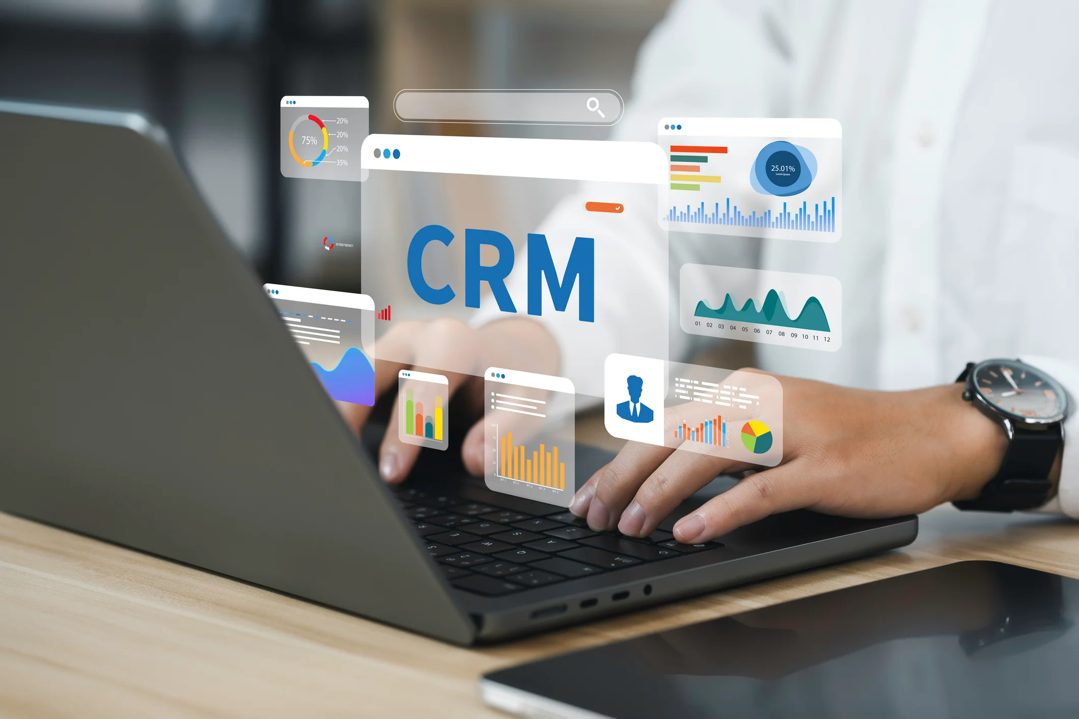 Professional at a laptop with CRM dashboard overlays showing compliance analytics, charts, and data visualizations representing automation tools for government contract compliance management