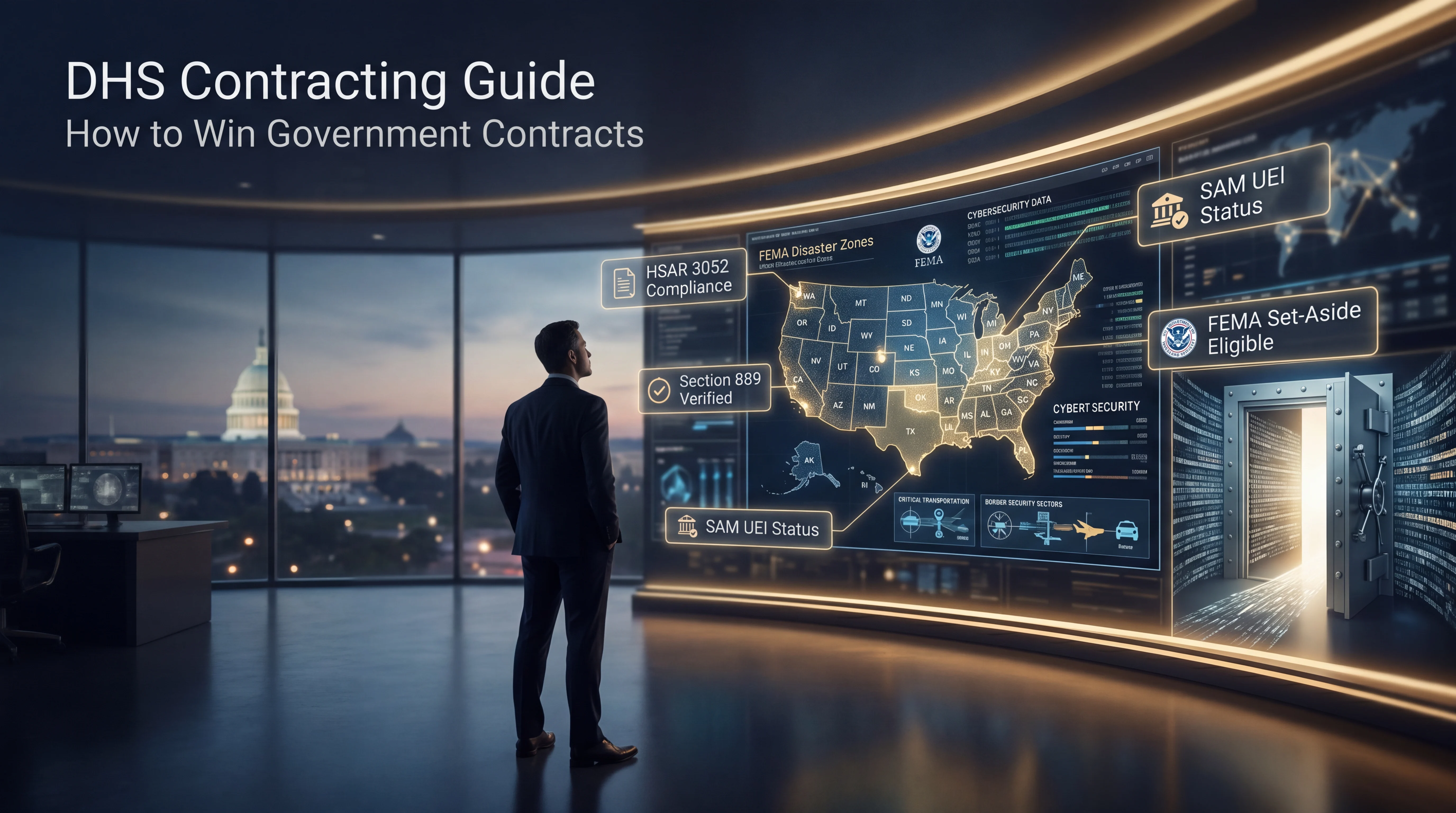 A government contractor in a dark suit stands before a glowing curved display showing a U.S. map with FEMA disaster zones highlighted, overlaid panels labeled HSAR 3052 Compliance, Section 889 Verified, SAM UEI Status, and FEMA Set-Aside Eligible, with the U.S. Capitol visible through floor-to-ceiling windows at dusk, representing the DHS contracting landscape