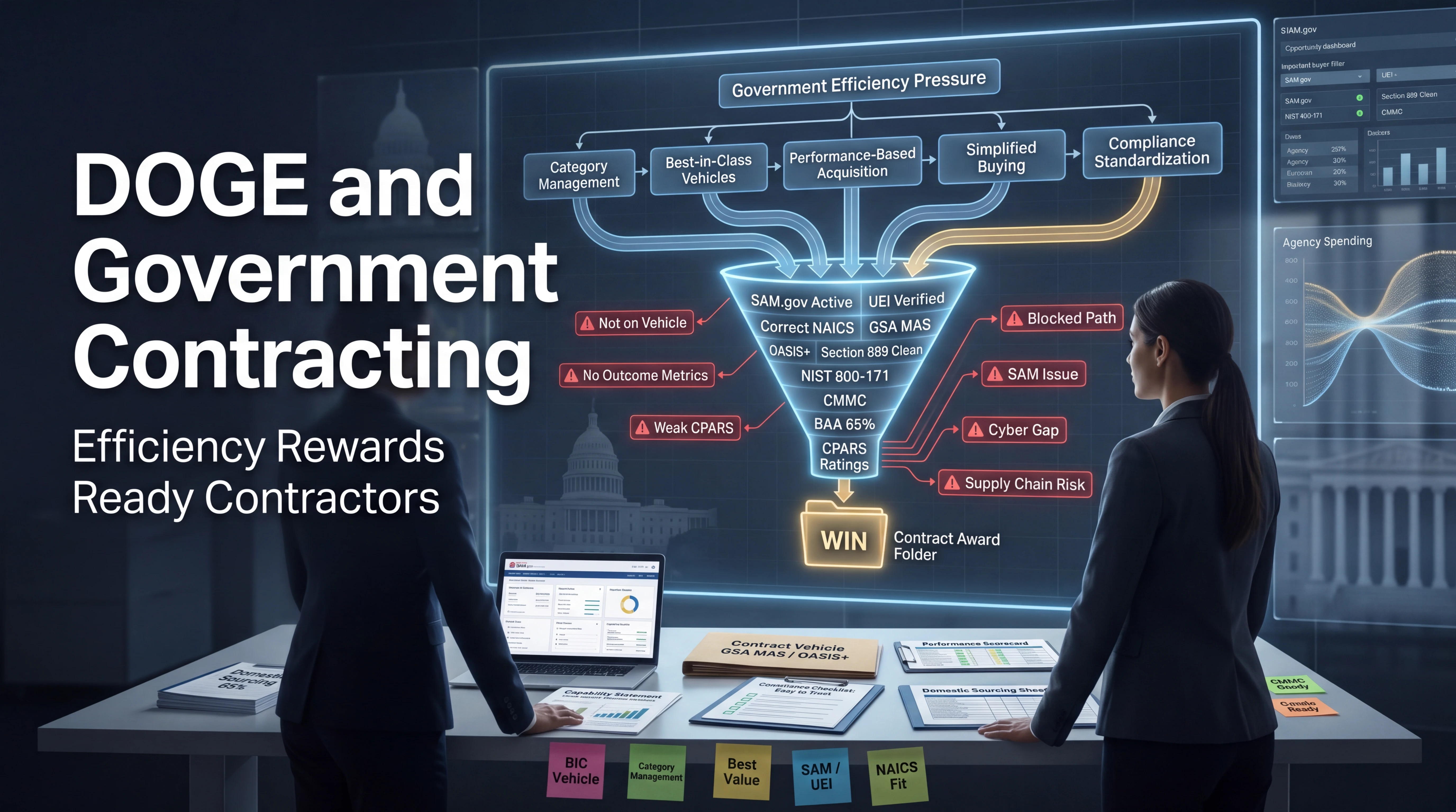 Two government contracting professionals stand before a glowing efficiency funnel diagram showing Category Management, Best-in-Class Vehicles, Performance-Based Acquisition, Simplified Buying, and Compliance Standardization flowing through SAM.gov Active, UEI Verified, Correct NAICS, GSA MAS, OASIS+, Section 889 Clean, NIST 800-171, CMMC, BAA 65%, and CPARS Ratings into a WIN contract award folder, with warning flags for Not on Vehicle, No Outcome Metrics, Weak CPARS, Blocked Path, SAM Issue, Cyber Gap, and Supply Chain Risk