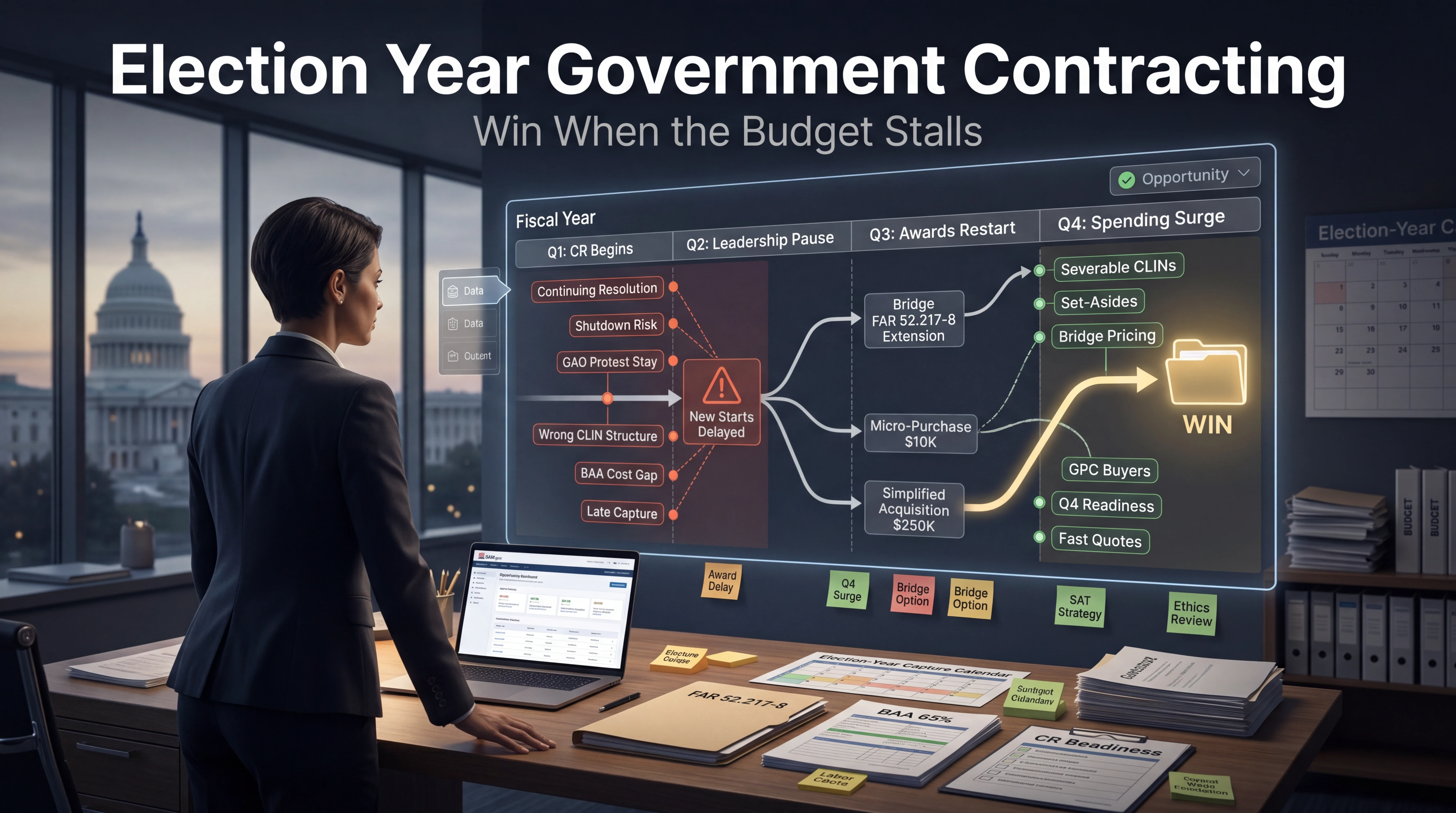 A government contracting strategist stands before a glowing fiscal year timeline showing Q1 CR Begins through Q4 Spending Surge, with flowchart nodes for Continuing Resolution, Shutdown Risk, GAO Protest Stay, Wrong CLIN Structure, and BAA Cost Gap leading to New Starts Delayed, then resolving through Bridge FAR 52.217-8 Extension, Micro-Purchase $10K, and Simplified Acquisition $250K into Severable CLINs, Set-Asides, and Q4 Readiness ending in WIN