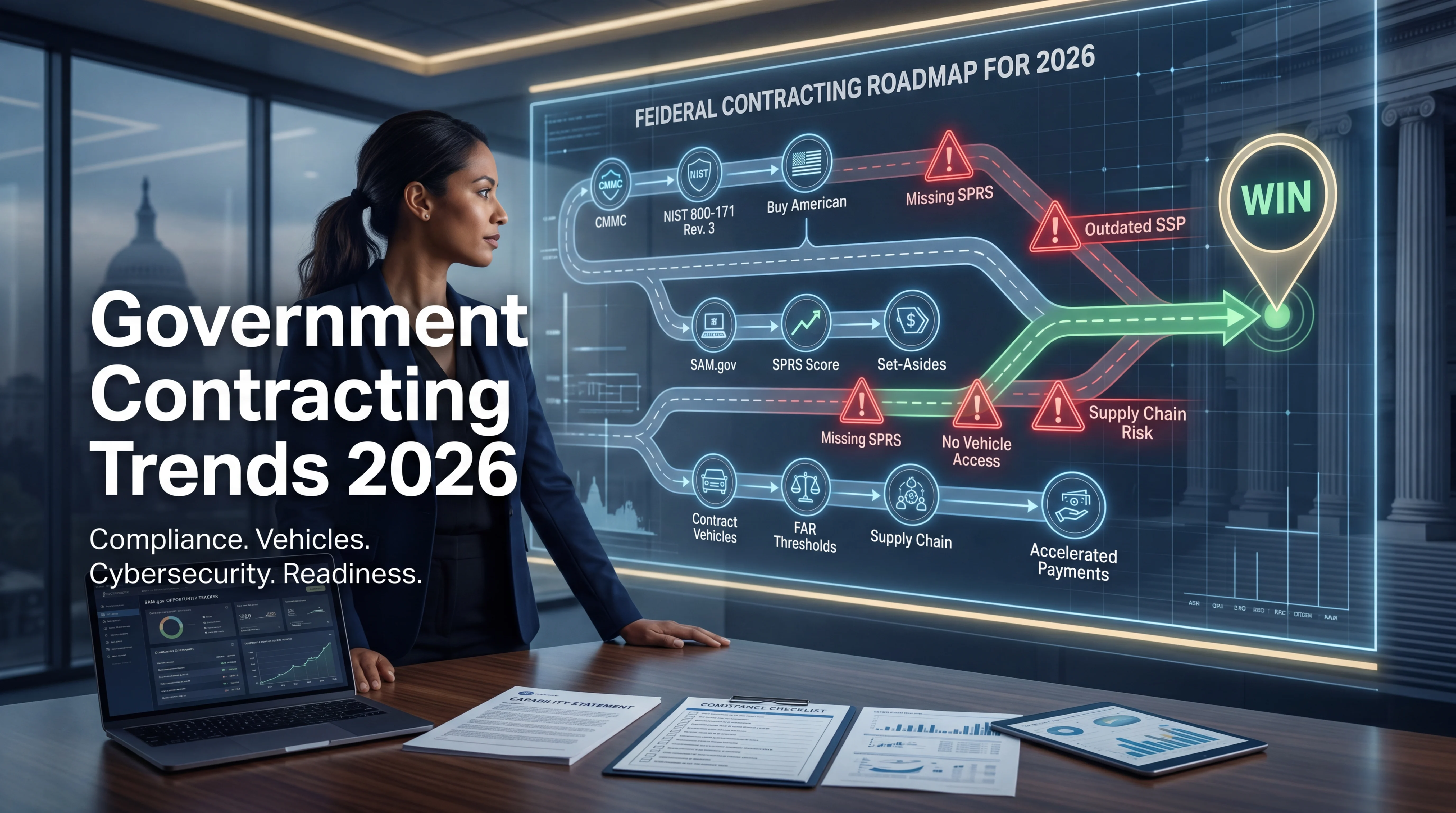 A government contracting strategist stands before a glowing Federal Contracting Roadmap for 2026 display showing compliance checkpoints — CMMC, NIST 800-171 Rev. 3, Buy American, SAM.gov, SPRS Score, Set-Asides, Contract Vehicles, FAR Thresholds, Supply Chain, and Accelerated Payments — with a green WIN marker at the road's end, representing 2026 federal contracting strategy