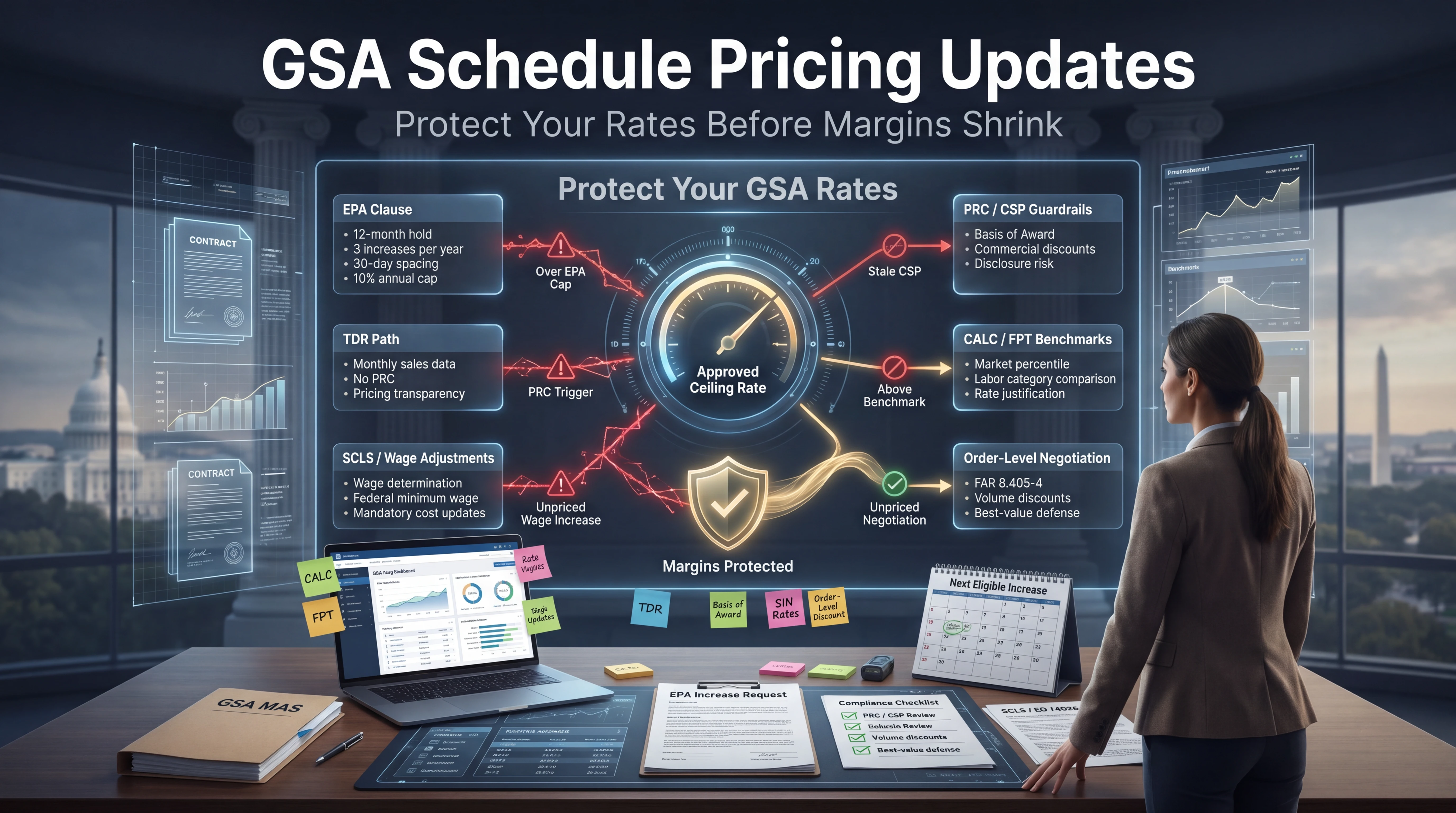 GSA Schedule pricing updates diagram showing EPA clauses, TDR exemptions, CALC benchmarks, Price Reductions Clause guardrails, and SCLS wage adjustments protecting contractor ceiling rates on a GSA MAS contract