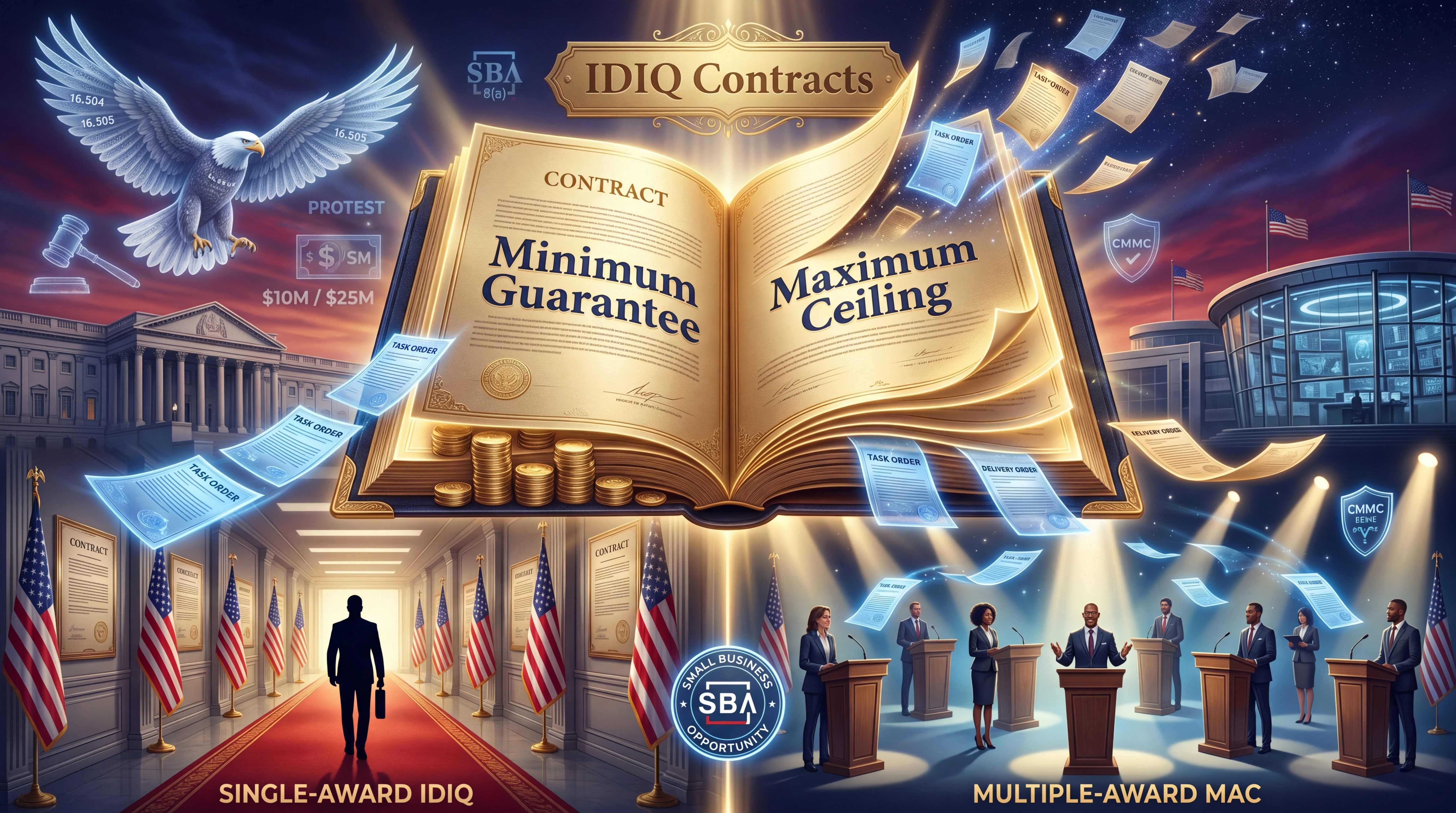 An illuminated open contract book labeled Minimum Guarantee and Maximum Ceiling with task order and delivery order documents flying around it, a lone contractor silhouette walking toward a Single-Award IDIQ corridor on the left and multiple contractors at podiums in a Multiple-Award MAC competition on the right, with the U.S. Capitol, SBA 8(a) badge, FAR 16.504 and FAR 16.505 citations, $10M and $25M protest threshold markers, and a bald eagle carrying regulation pages above a starlit sky