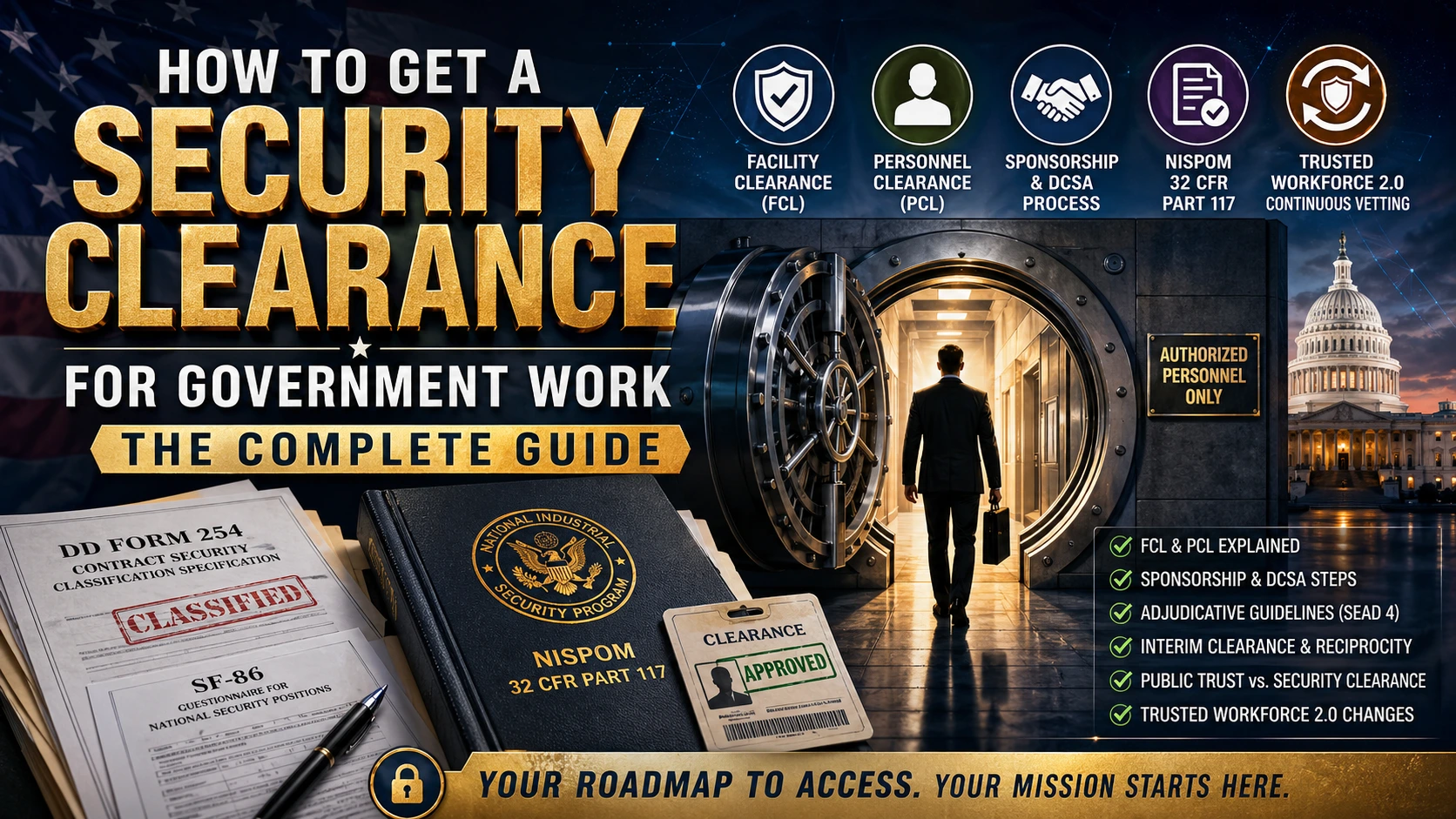 Infographic titled How to Get a Security Clearance for Government Work: The Complete Guide, featuring icons for Facility Clearance FCL, Personnel Clearance PCL, Sponsorship and DCSA Process, NISPOM 32 CFR Part 117, and Trusted Workforce 2.0 Continuous Vetting, alongside a silhouetted contractor walking through a vault door labeled Authorized Personnel Only, with a DD Form 254 and SF-86 questionnaire in the foreground, a NISPOM book, a Clearance Approved badge, and the U.S. Capitol in the background