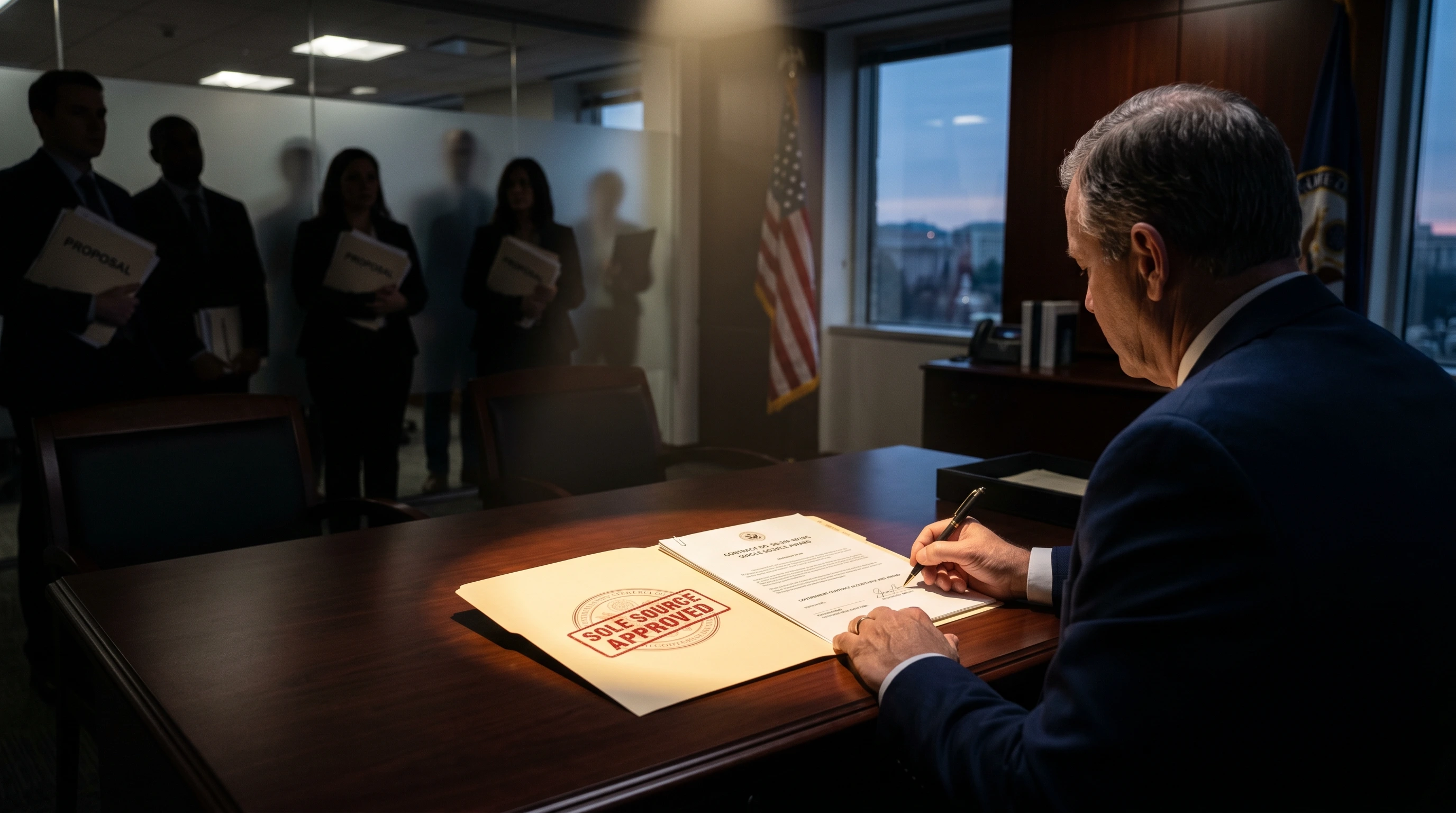 A government contracting officer seated at a mahogany conference table signs a document stamped Sole Source Approved, with a U.S. flag beside a window overlooking a city skyline at dusk, while silhouetted contractors holding Proposal folders wait behind frosted glass, conveying the formal approval process for non-competitive federal contract awards