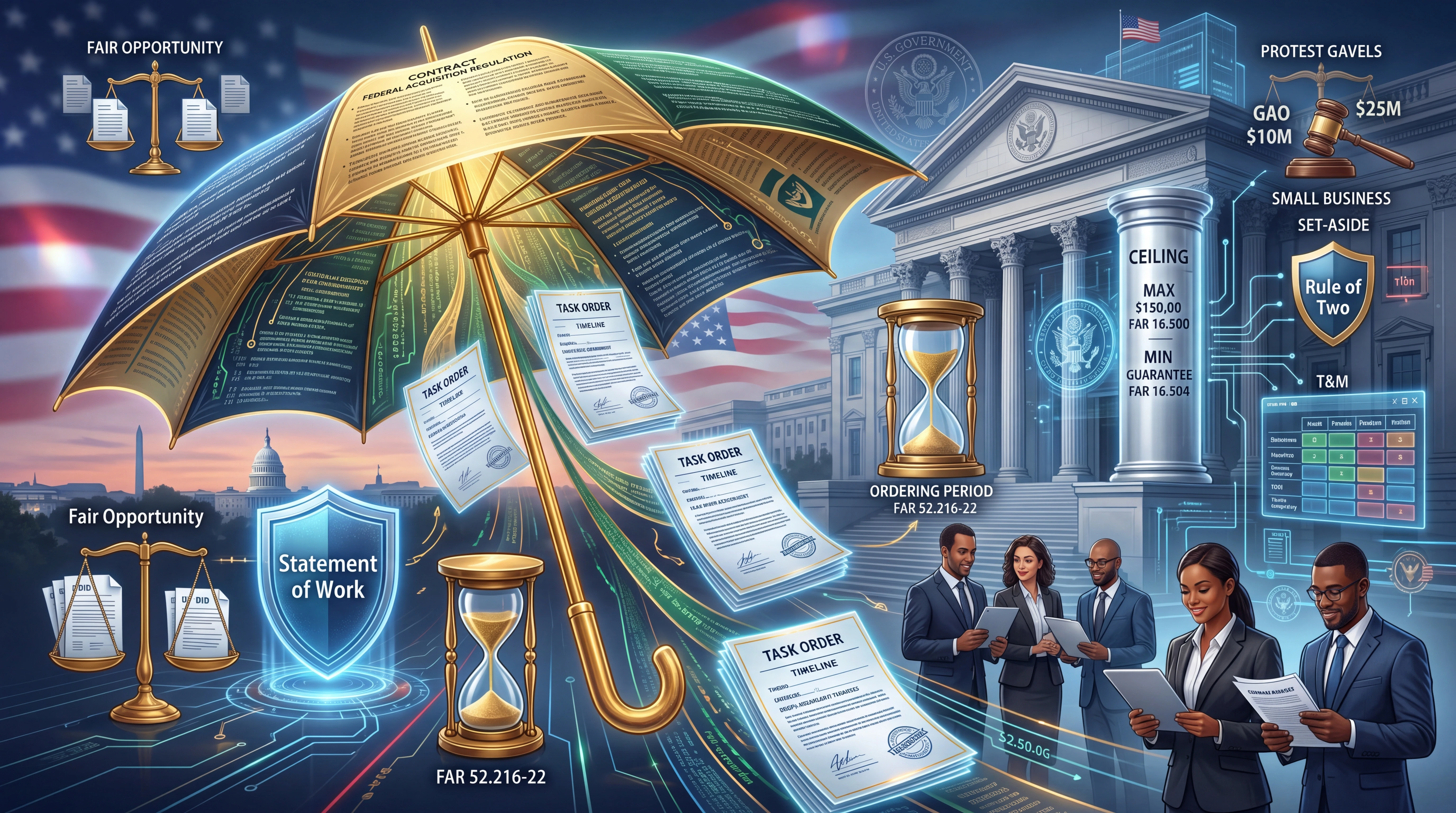 An IDIQ umbrella contract made of Federal Acquisition Regulation pages sheltering multiple stamped task order documents below it, with a Statement of Work shield, an ordering period hourglass labeled FAR 52.216-22, Fair Opportunity scales, a ceiling MAX marker and MIN Guarantee label from FAR 16.504, GAO protest gavel showing $10M civilian and $25M DoD thresholds, a Rule of Two small business set-aside shield, a T&M labor-hour grid, a group of diverse contractors reviewing proposals, and the U.S. Capitol with an American flag in the background